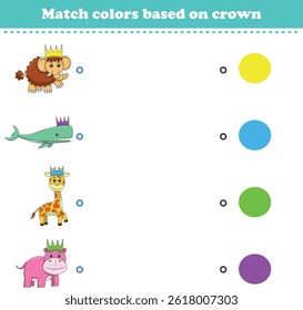 Match the color of the animal's crown. Educational game for color recognition