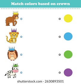 Combine com a cor da coroa do animal. Jogo educacional para reconhecimento de cores