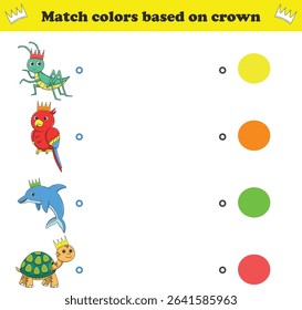 Match the color of the animal's crown. Educational game for color recognition
