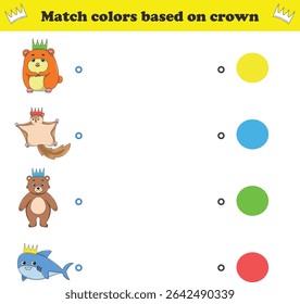 Match the color of the animal's crown. Educational game for color recognition