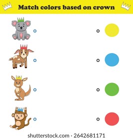 Match the color of the animal's crown. Educational game for color recognition