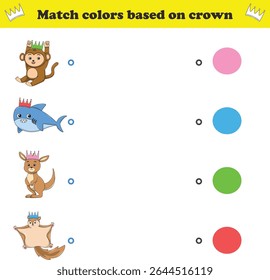 Match the color of the animal's crown. Educational game for color recognition