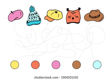 Match the color of the hats. Developmental tasks for children. Matching game. Activity page with color pictures. Vector illustration.
