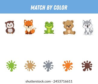 Combina animales de bosque coloridos por colores. Juego lógico educativo para los niños. Hoja de cálculo Oso, zorro, rana, búho, lobo. Vector