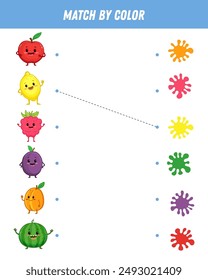 Match colorful fruits by colors. Educational logical game for kids. Worksheet. Cartoon fruit apple, lemon, watermelon, raspberry. Vector