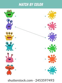 Match colorful monsters by colors. Educational logical game for kids. Worksheet. Space creature. Vector