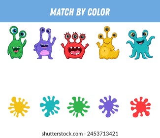 Match colorful monsters by colors. Educational logical game for kids. Worksheet. Space creature. Vector