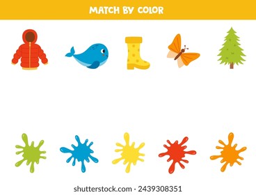 Match colorful objects and blobs of paint by colors. Educational logical game for kids.