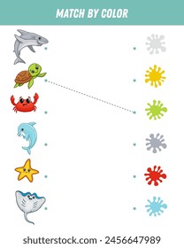 Match colorful sea animals by colors. Educational logical game for kids. Worksheet. Sea creature. Crab, starfish, stingray, sea turtle, shark, dolphin. Vector