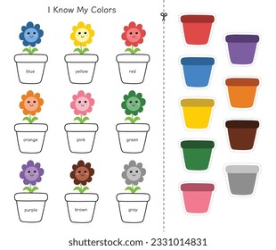 Match the colors activity for kids. Matching game with cute flowers and pots. Learning colors for toddlers. Cut and glue worksheet. Vector illustration