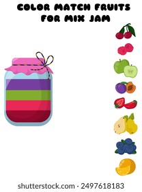 Match the colors of fruits for jam mix, leisure game vector illustration for kids activity