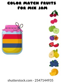 Match the colors of fruits for jam mix, leisure game vector illustration for organizing kids activities