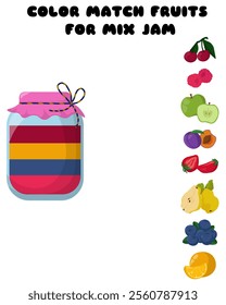 Match the colors of fruits for jam mix, educational game vector illustration for kids activity