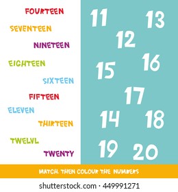 Match then colour the numbers 11 to 20. Kids words learning game, worksheets with simple colorful graphics. children educational Learning color theme and vocabulary. Vector