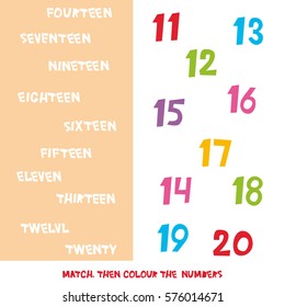 Match then colour the numbers 11 to 20. Kids words learning game, worksheets with simple colorful graphics. children educational Learning color theme and vocabulary. Vector