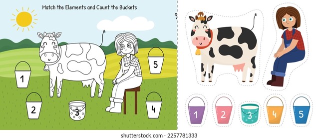 Match the cow, girl and buckets by number activity page for kids. Farm cut and glue worksheet. Educational game for children. Sensory activity puzzle. Vector illustration