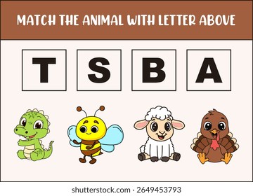 match cute alligator, sheep, bee, turkey with the letter . 