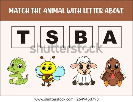 match cute alligator, sheep, bee, turkey with the letter . 