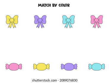 Match cute bows and candies by colors. Educational logical game for kids.