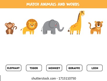 Match cute cartoon animals and written word. Read and find. Educational worksheet for kids. Learning to read.