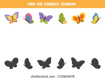 Match cute cartoon butterflies by shadow. Find the correct shade of butterfly.