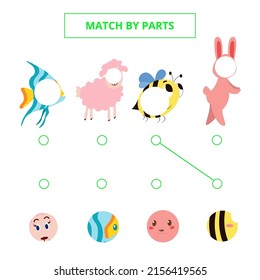 Match cute cartoon pictures by parts. Game for kids.