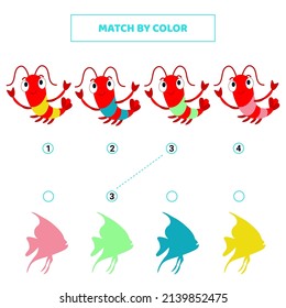 Match cute cartoon shrimp and fish by color. 