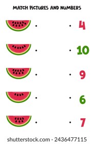 Match cute cartoon watermelon slices and numbers. Educational math game for kids.