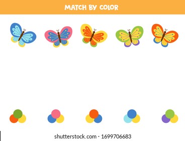 Match cute colorful butterflies and colorful circles by color. Logical game for kids. Printable worksheet.