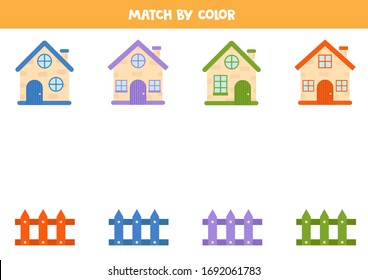 Match cute country house and wooden fence by color. Logical color sorting game for kids.