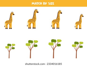 Match cute giraffes and acacia trees by size. Educational logical game for kids.