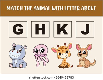 match cute hippo, jellyfish, giraffe, kangaroo with the letter . 