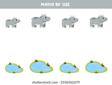 Match cute hippopotamuses and water ponds by size. Educational logical game for kids.