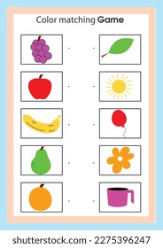 Match cute kawaii fruits by color. Educational worksheet for kids. Color matching game for preschoolers. Colorful set of fruits and objects.