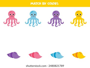 Match cute octopuses and sea shells by colors. Educational logical game for kids.