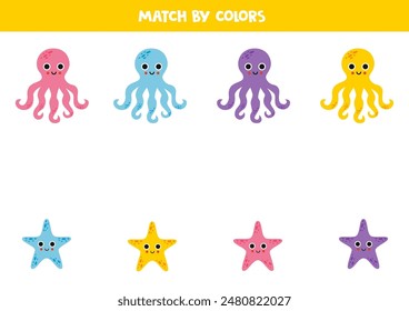 Match cute octopuses and sea stars by colors. Educational logical game for kids.