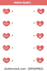 Match cute pink hearts by numbers. Educational game for Valentine day.