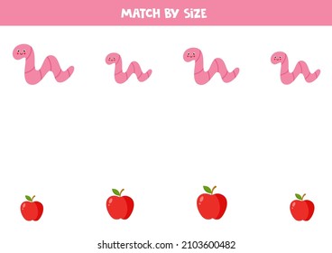 Match cute pink worm and apples by size. Educational logical game for kids.