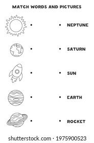 Match cute planets of solar system and the words. Educational logical game for kids.