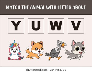 match cute unicorn, vulture, wolf with the letter . 