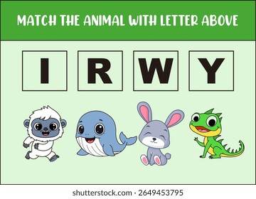 match cute yeti, whale, rabbit, iguana with the letter . 