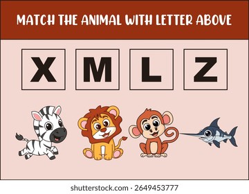 match cute zebra, lion, monkey,  with the letter . 