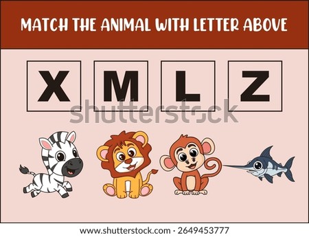 match cute zebra, lion, monkey,  with the letter . 