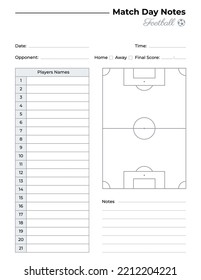 Match day notes log with football field diagram