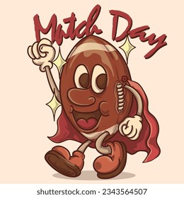 match day. super hero gridiron american football mascot vintage style vector illustration with happy  face.