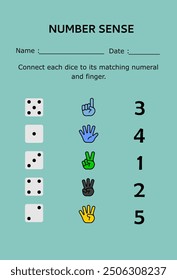 Match dice, numbers, dan finger. Game for preschool education. Math worksheet for children. Educational game