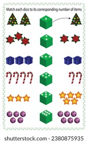 Match each dice to to its corresponding number of item. Illustration teach mathematics. Sheet training for children in mathematics. Learning to count