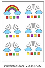 Match each rainbow to the correct color pattern. Ideal for color recognition and preschool logic. Logic task colors, intructional coloring page rainbow