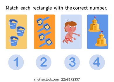 Match each rectangle with correct number. Maths for children. Game for preschool children. Vector colour illustrations. From 1 to 4.