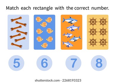 Match each rectangle with correct number. Maths for children. Game for preschool children. Vector colour illustrations. From 5 to 8.